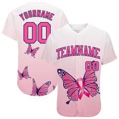 Custom 3D Pink Ribbon Breast Cancer Awareness Month With Butterflies Women Health Care Support Authentic Baseball Jersey