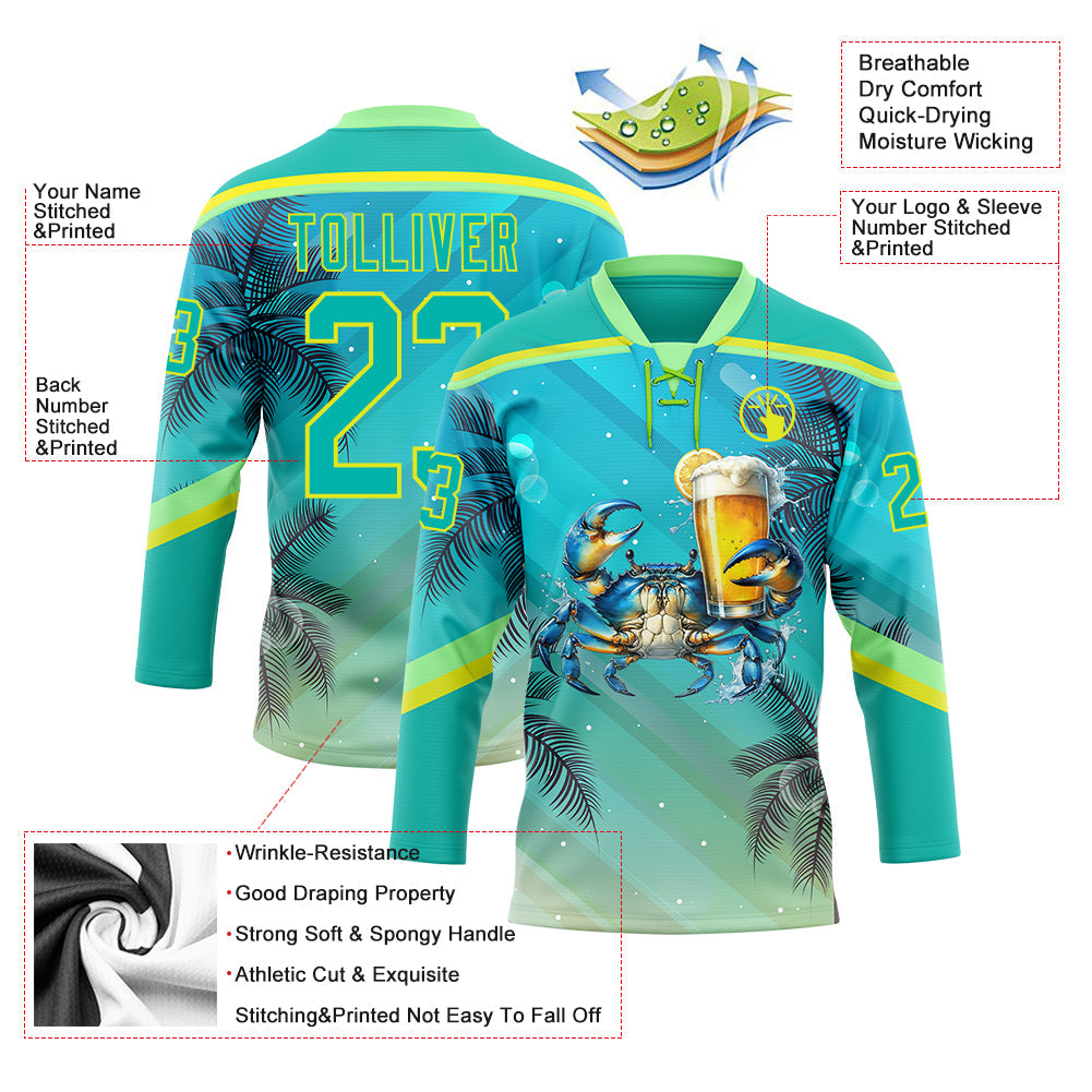 Custom Aqua Neon Yellow-Pea Green 3D Pattern Gradient Hawaii Tropical Palm Trees Hockey Lace Neck Jersey