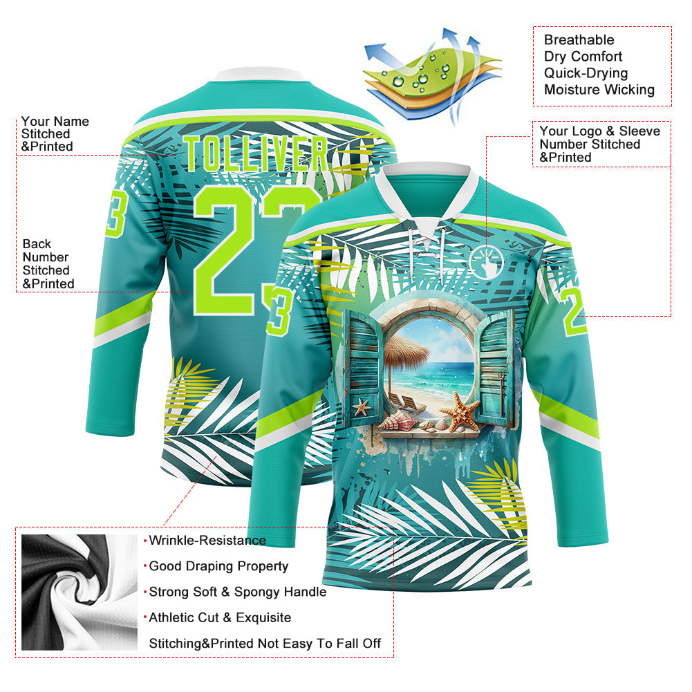 Custom Aqua Neon Green-White 3D Pattern Hawaii Tropical Palm Trees Hockey Lace Neck Jersey
