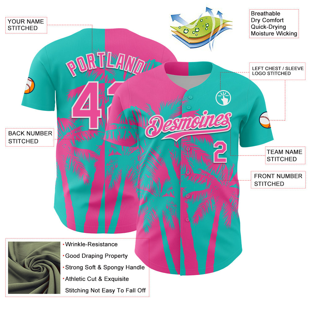 Custom Aqua Pink-White 3D Pattern Design Hawaii Palm Trees Tropical Coconut Authentic Baseball Jersey