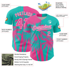 Custom Aqua Pink-White 3D Pattern Design Hawaii Palm Trees Tropical Coconut Authentic Baseball Jersey