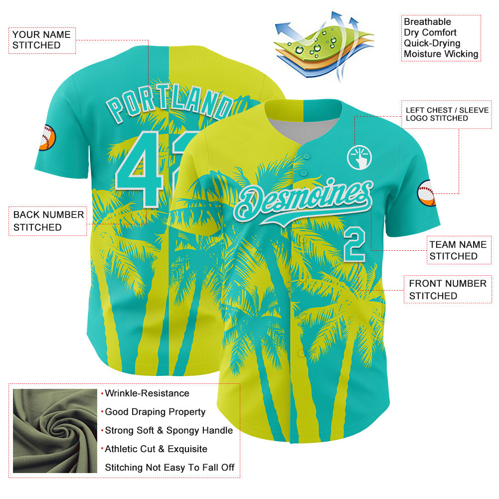 Custom Aqua Neon Yellow-White 3D Pattern Design Hawaii Palm Trees Tropical Coconut Authentic Baseball Jersey