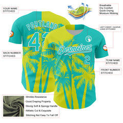 Custom Aqua Neon Yellow-White 3D Pattern Design Hawaii Palm Trees Tropical Coconut Authentic Baseball Jersey