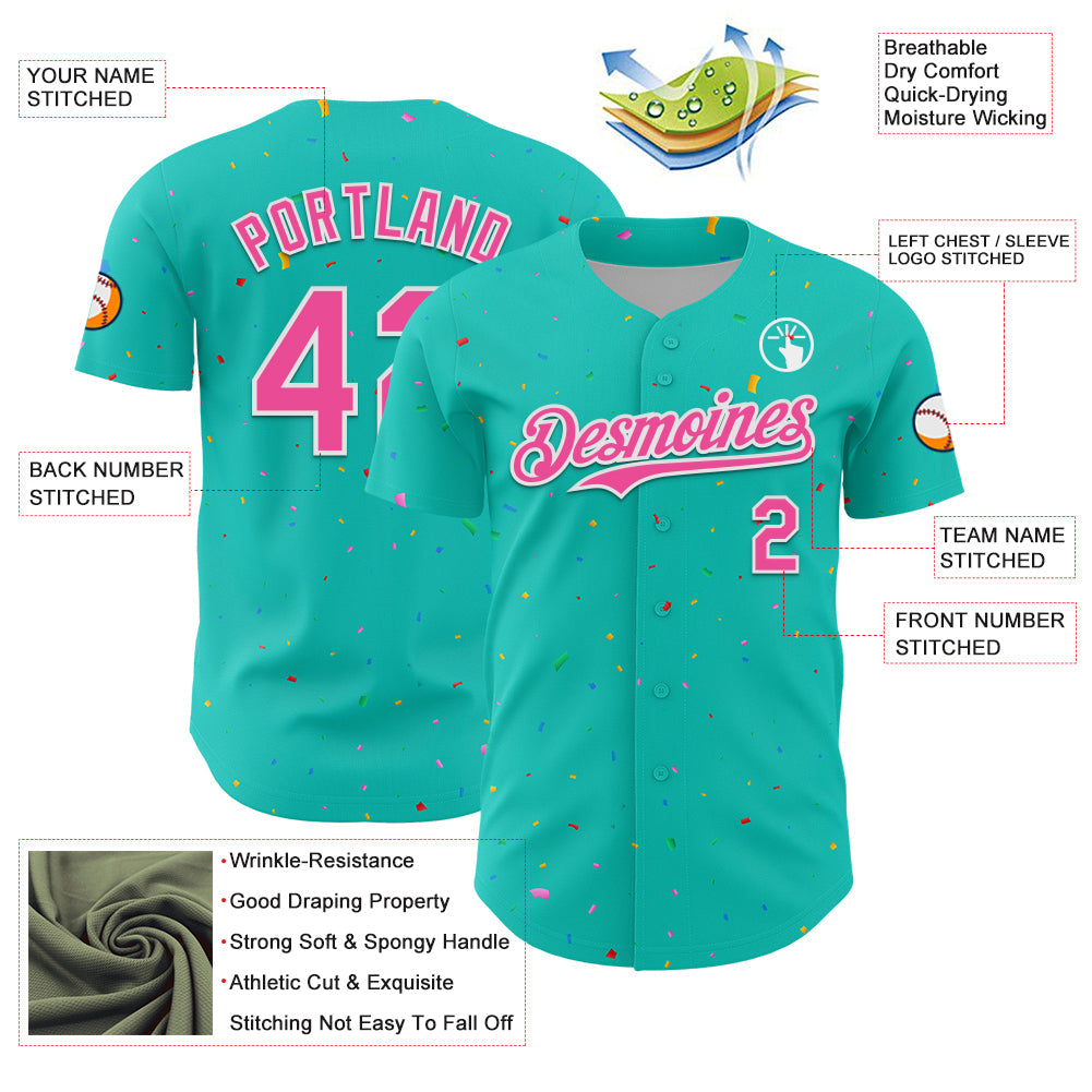 Custom Aqua Black-White 3D Pattern Design Confetti Colorful Speckle Authentic Baseball Jersey
