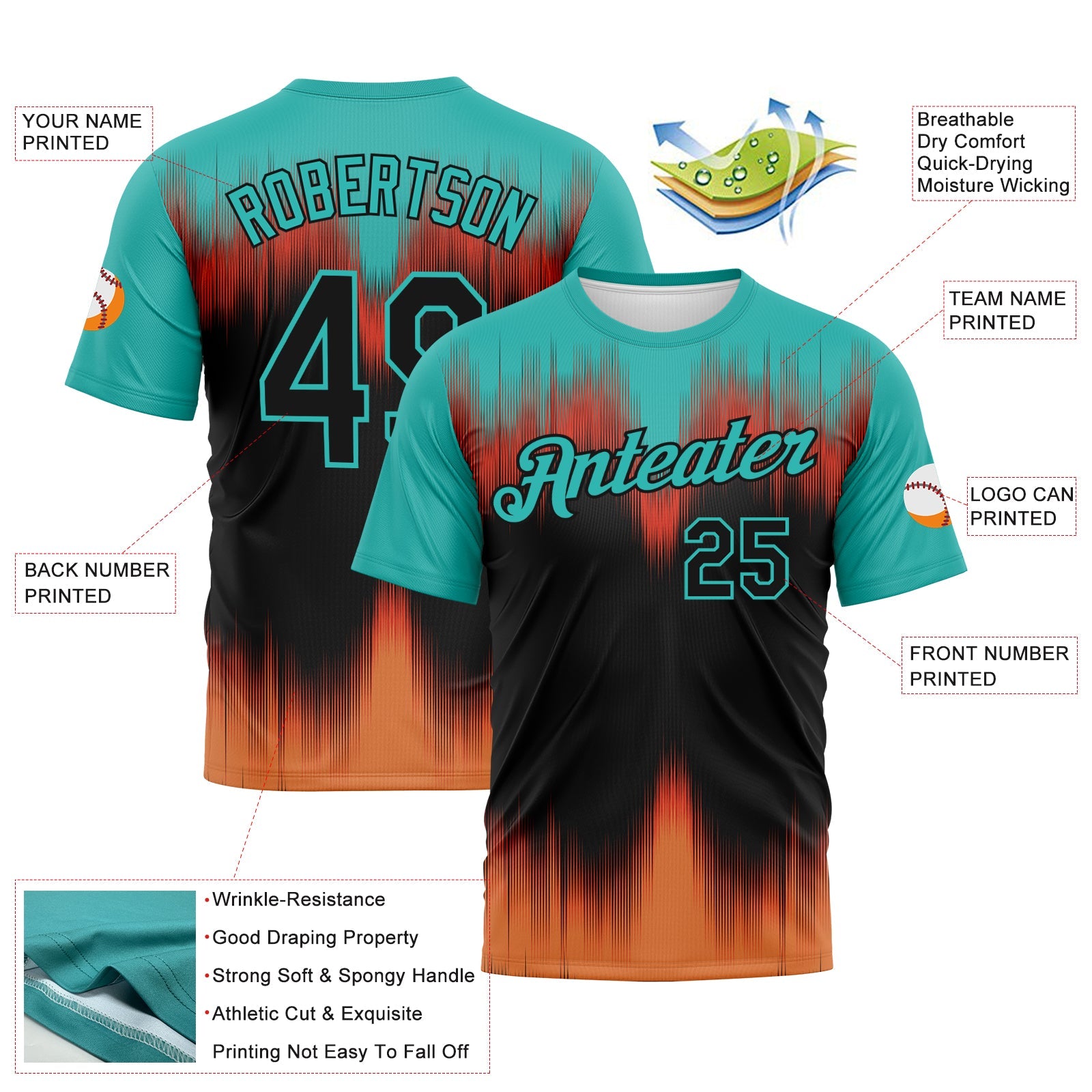 Custom Aqua Black-Bay Orange 3D Pattern Bermuda Playa Fade Effect Performance T-Shirt