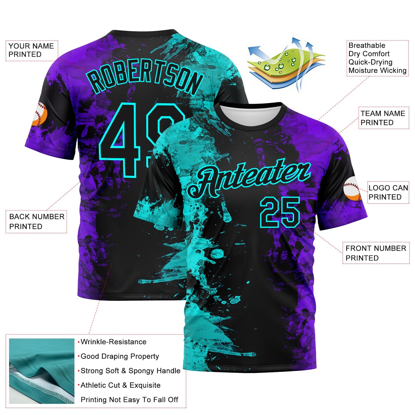 Custom Aqua Black-Purple 3D Pattern Ink Splash Duotono Style Performance T-Shirt