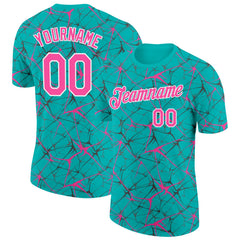 Custom Aqua Pink Gray-White Abstract Network Crackle Performance T-Shirt
