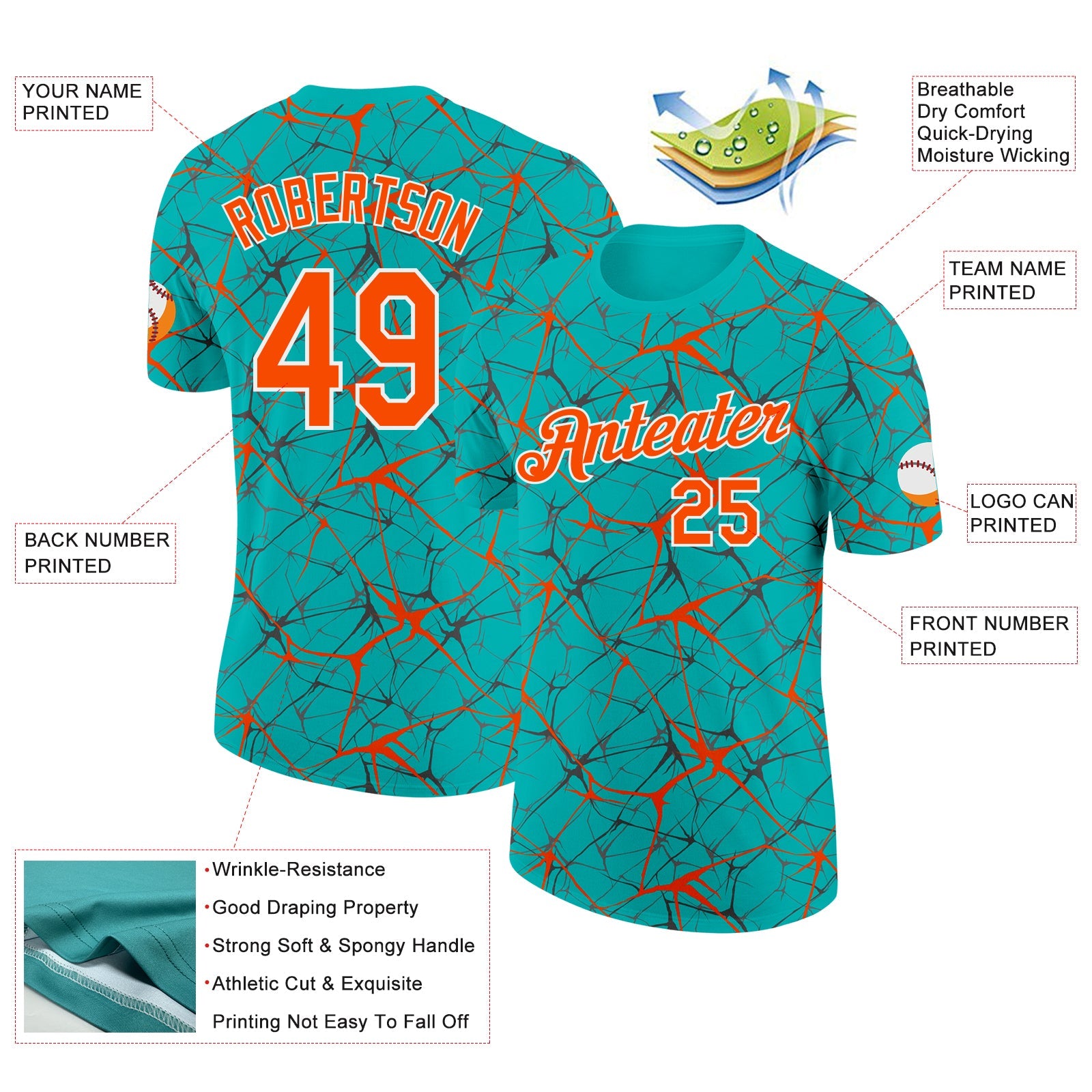 Custom Aqua Orange Gray-White Abstract Network Crackle Performance T-Shirt