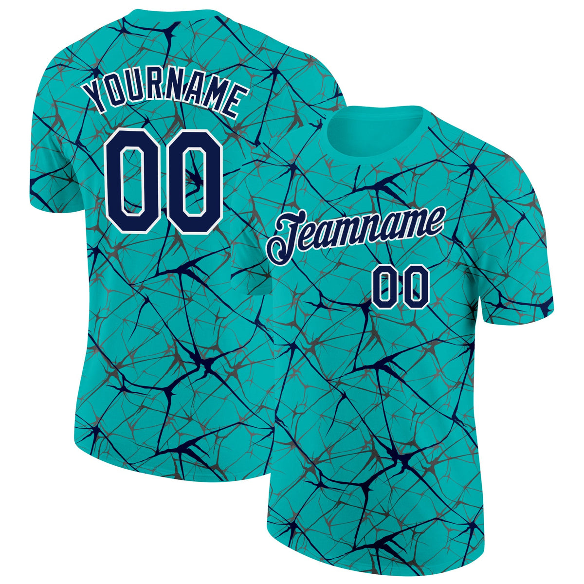 Custom Aqua Navy Gray-White Abstract Network Crackle Performance T-Shirt
