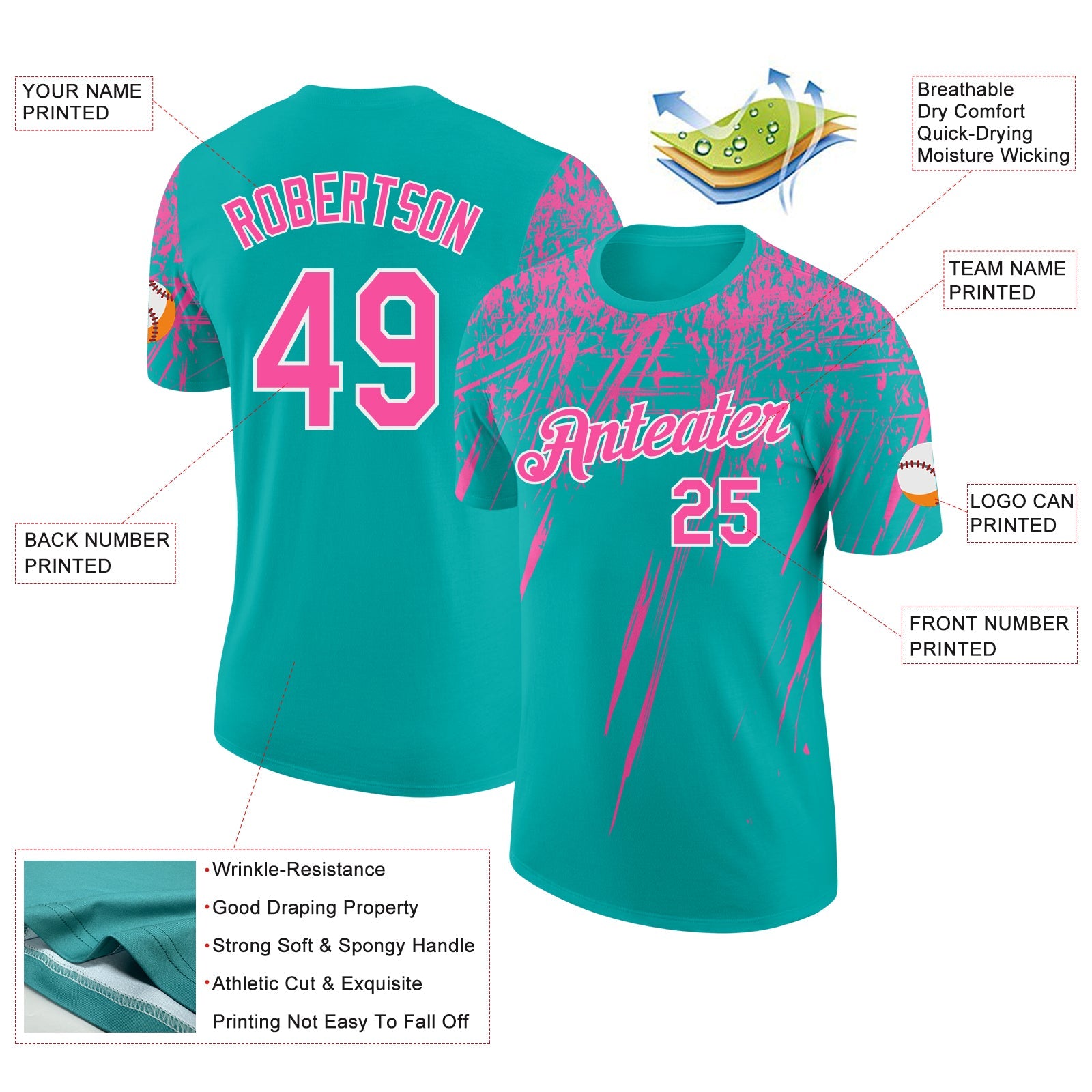 Custom Aqua Pink-White Distressed Scratch Brush Stroke Performance T-Shirt
