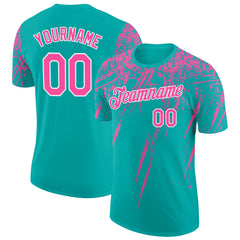 Custom Aqua Pink-White Distressed Scratch Brush Stroke Performance T-Shirt
