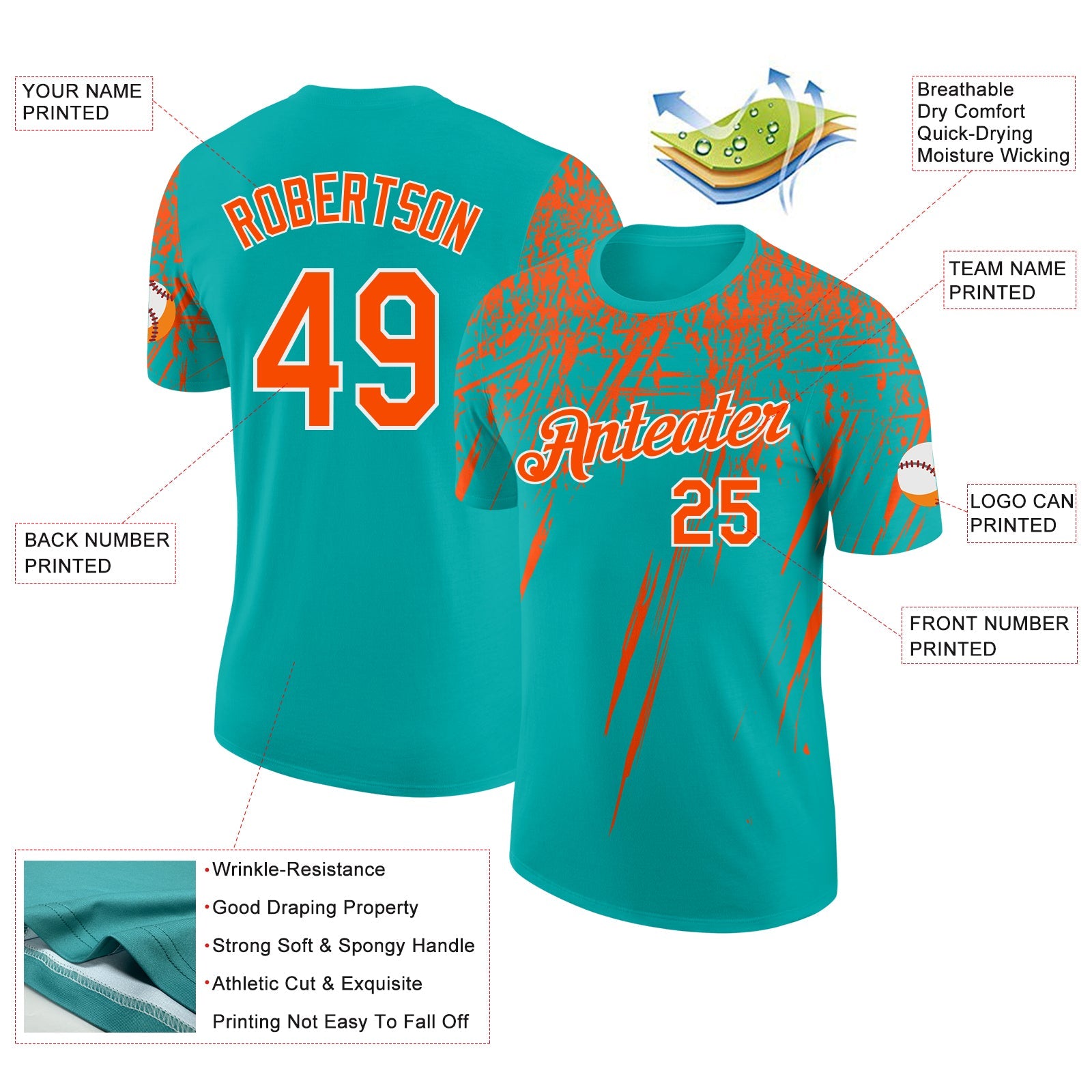 Custom Aqua Orange-White Distressed Scratch Brush Stroke Performance T-Shirt