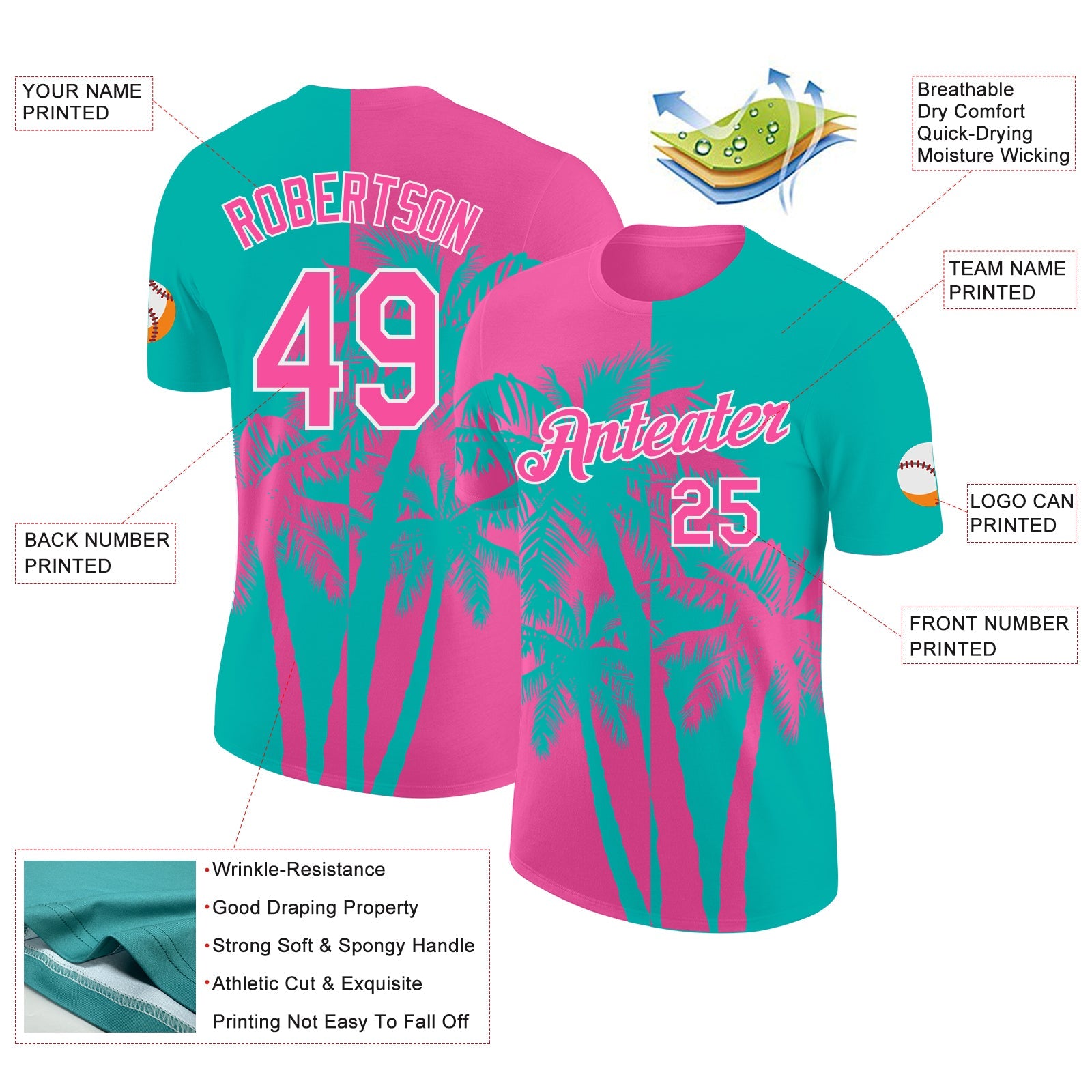 Custom Aqua Pink-White Hawaii Tropical Coastal Palm Trees Performance T-Shirt