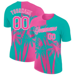 Custom Aqua Pink-White Hawaii Tropical Coastal Palm Trees Performance T-Shirt