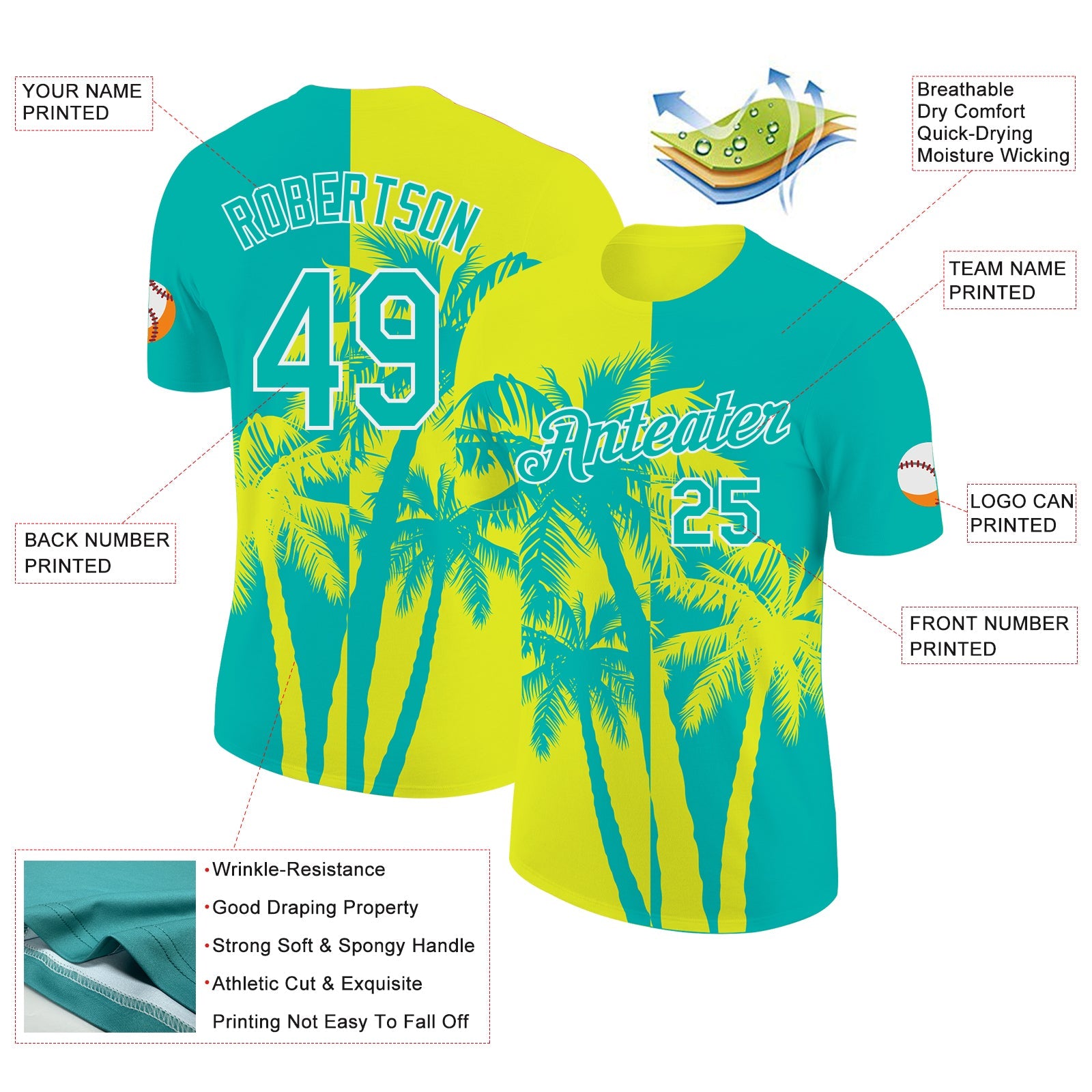 Custom Aqua Neon Yellow-White Hawaii Tropical Coastal Palm Trees Performance T-Shirt