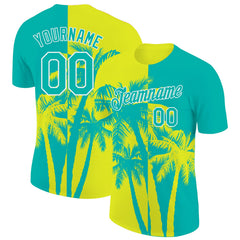 Custom Aqua Neon Yellow-White Hawaii Tropical Coastal Palm Trees Performance T-Shirt