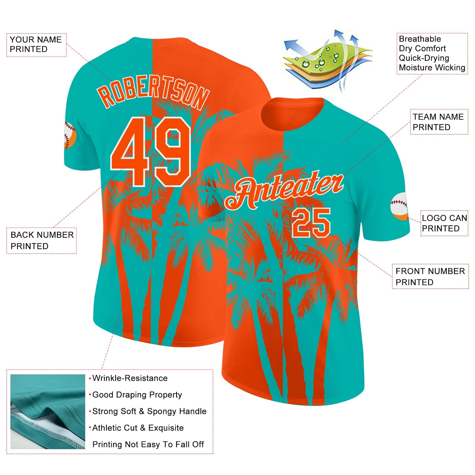 Custom Aqua Orange-White Hawaii Tropical Coastal Palm Trees Performance T-Shirt