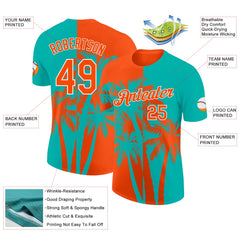 Custom Aqua Orange-White Hawaii Tropical Coastal Palm Trees Performance T-Shirt