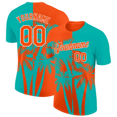Custom Aqua Orange-White Hawaii Tropical Coastal Palm Trees Performance T-Shirt