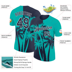 Custom Aqua Navy-White Hawaii Tropical Coastal Palm Trees Performance T-Shirt