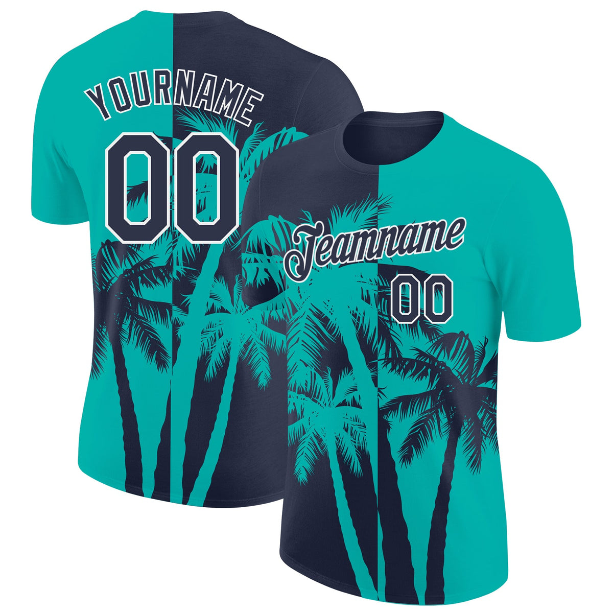 Custom Aqua Navy-White Hawaii Tropical Coastal Palm Trees Performance T-Shirt