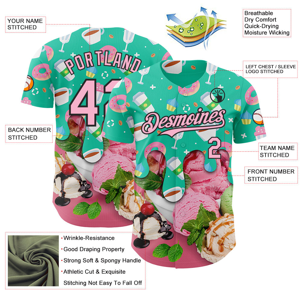 Custom Aqua Light Pink-Black Ice Cream Cake Donut Foodie Dessert Authentic Baseball Jersey