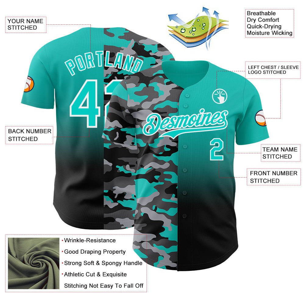 Custom Aqua Black-White Half Camo Ombre Authentic Baseball Jersey