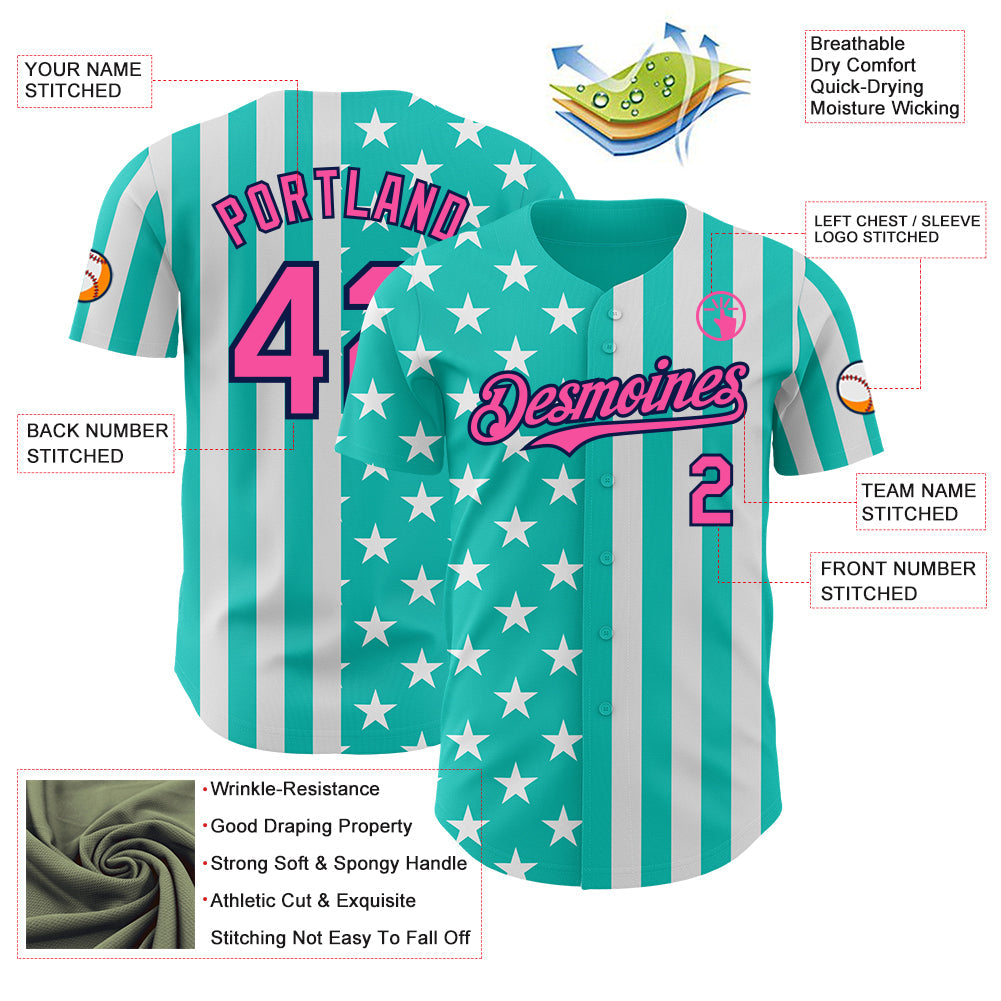 Custom Aqua Pink White-Navy USA Flag Patriotic Split Stars and Stripes Authentic Baseball Jersey