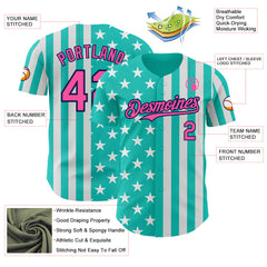 Custom Aqua Pink White-Navy USA Flag Patriotic Split Stars and Stripes Authentic Baseball Jersey