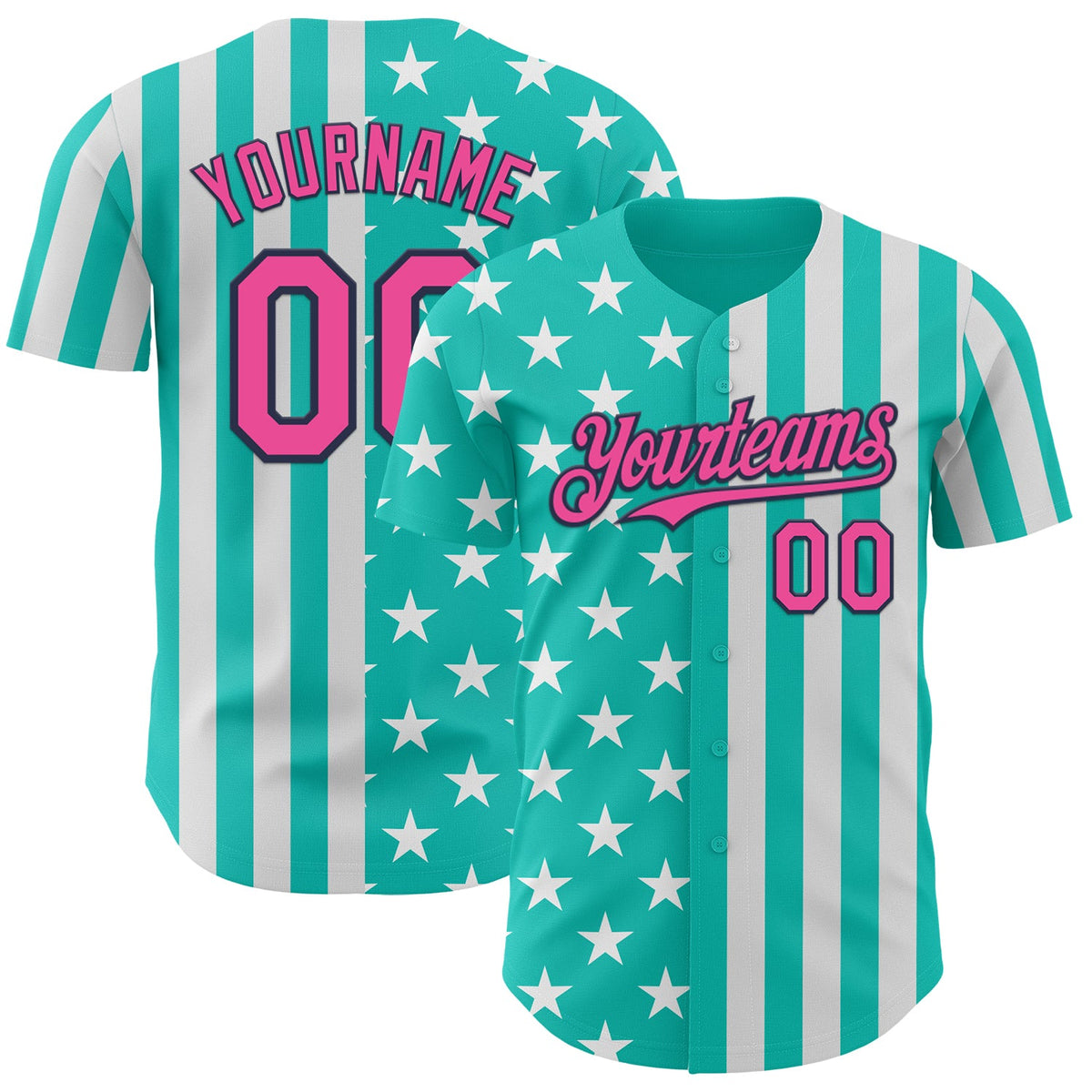 Custom Aqua Pink White-Navy USA Flag Patriotic Split Stars and Stripes Authentic Baseball Jersey