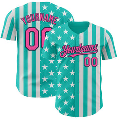 Custom Aqua Pink White-Navy USA Flag Patriotic Split Stars and Stripes Authentic Baseball Jersey