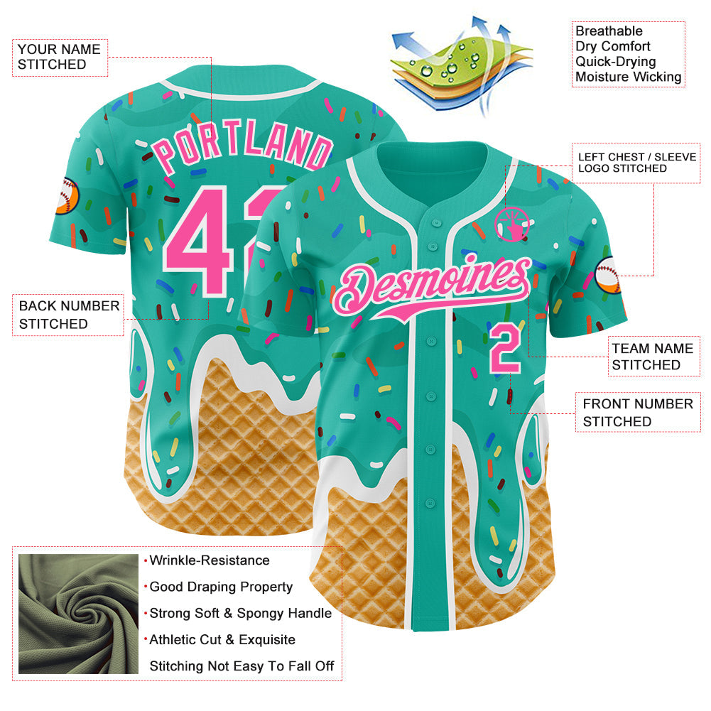 Custom Aqua Pink-White Ice Cream Waffle Foodie Dessert Authentic Baseball Jersey