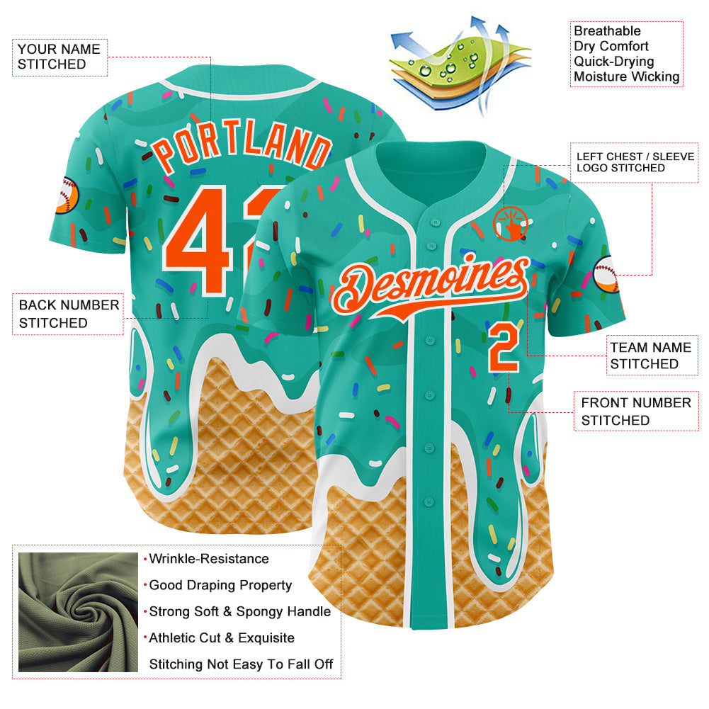 Custom Aqua Orange-White Ice Cream Waffle Foodie Dessert Authentic Baseball Jersey