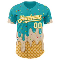 Custom Aqua Cream-Gold Ice Cream Waffle Foodie Dessert Authentic Baseball Jersey