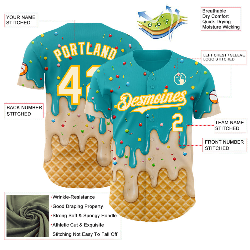 Custom Aqua Cream-Gold Ice Cream Waffle Foodie Dessert Authentic Baseball Jersey