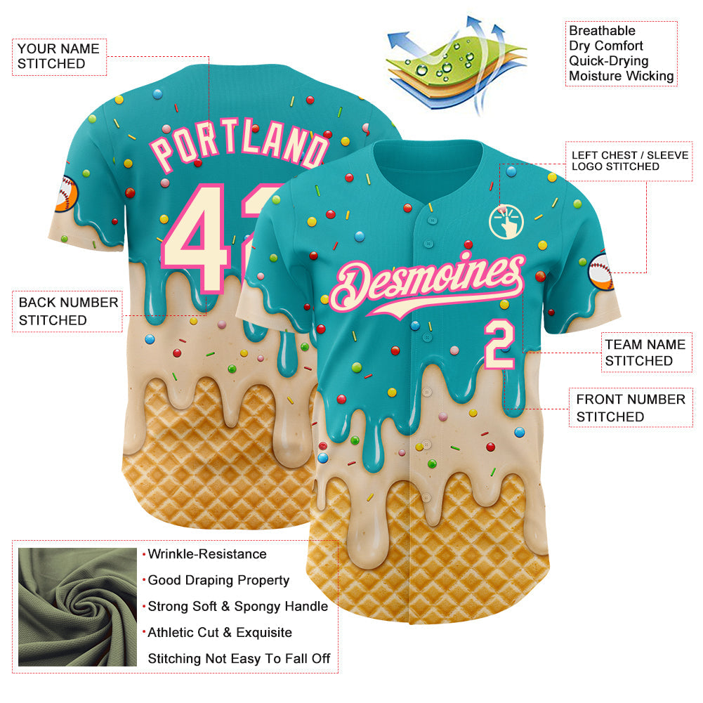 Custom Aqua Cream-Pink Ice Cream Waffle Foodie Dessert Authentic Baseball Jersey