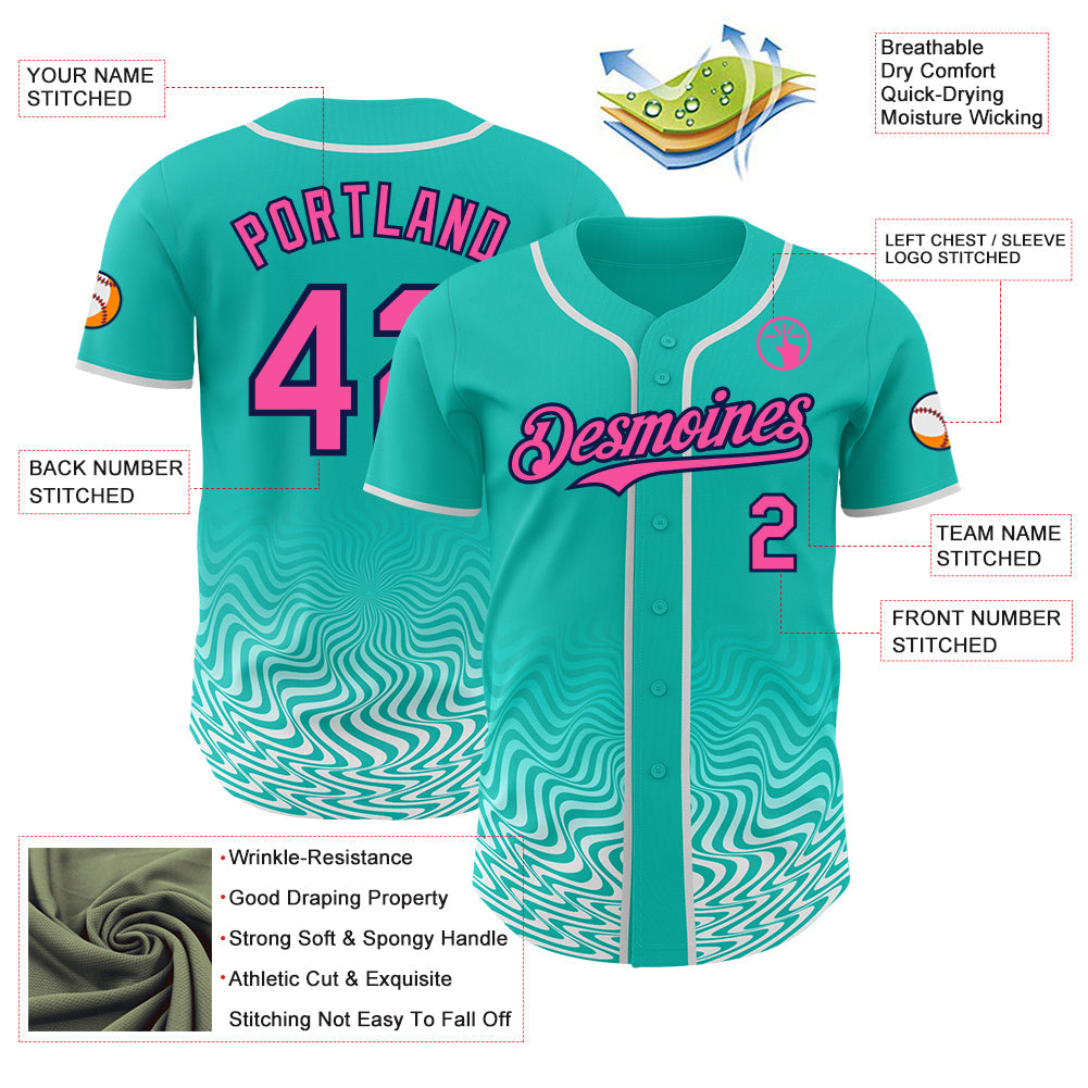 Custom Aqua Pink White-Navy Fluid Wave Psychedelic Swirl Authentic Baseball Jersey