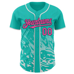 Custom Aqua Pink White-Navy Fluid Liquid Wave Splatter Authentic Baseball Jersey