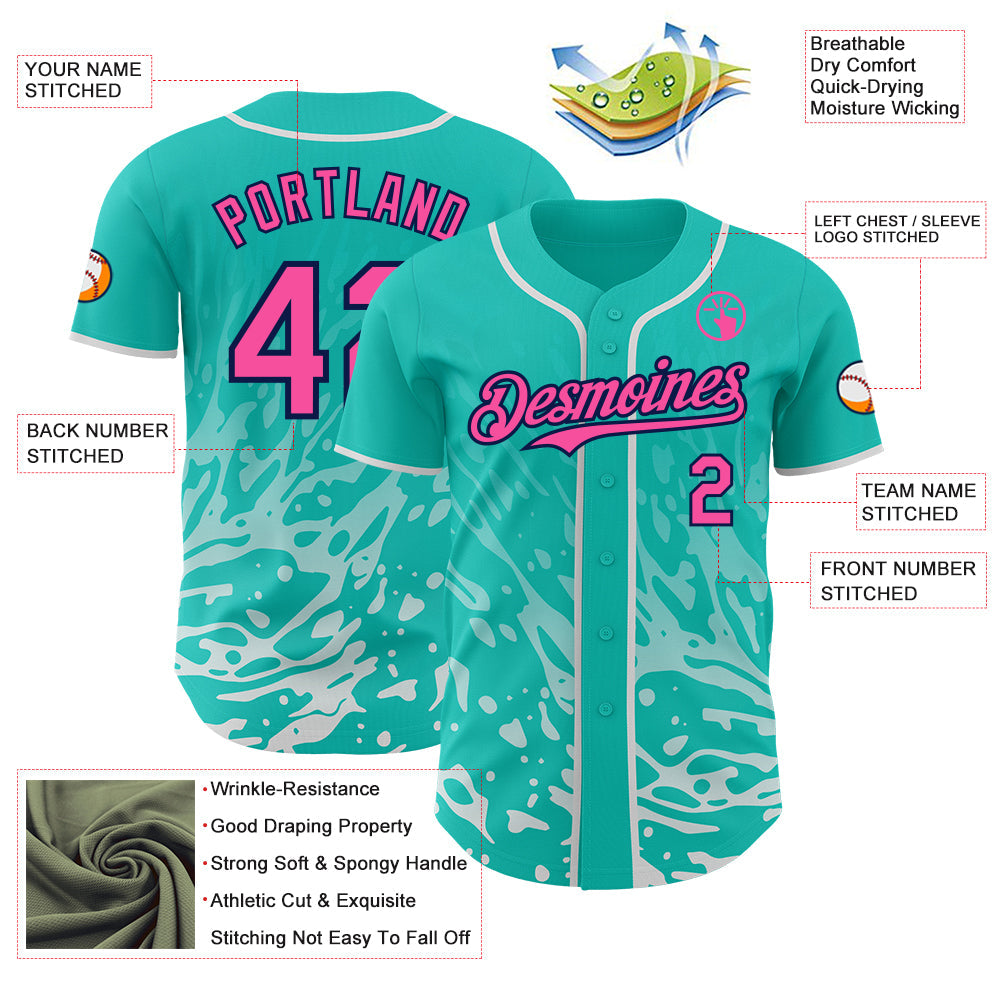 Custom Aqua Pink White-Navy Fluid Liquid Wave Splatter Authentic Baseball Jersey