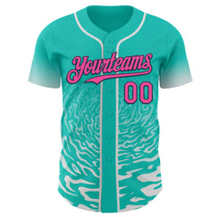 Custom Aqua Pink White-Navy Fluid Wave Splatter Gradient Authentic Baseball Jersey