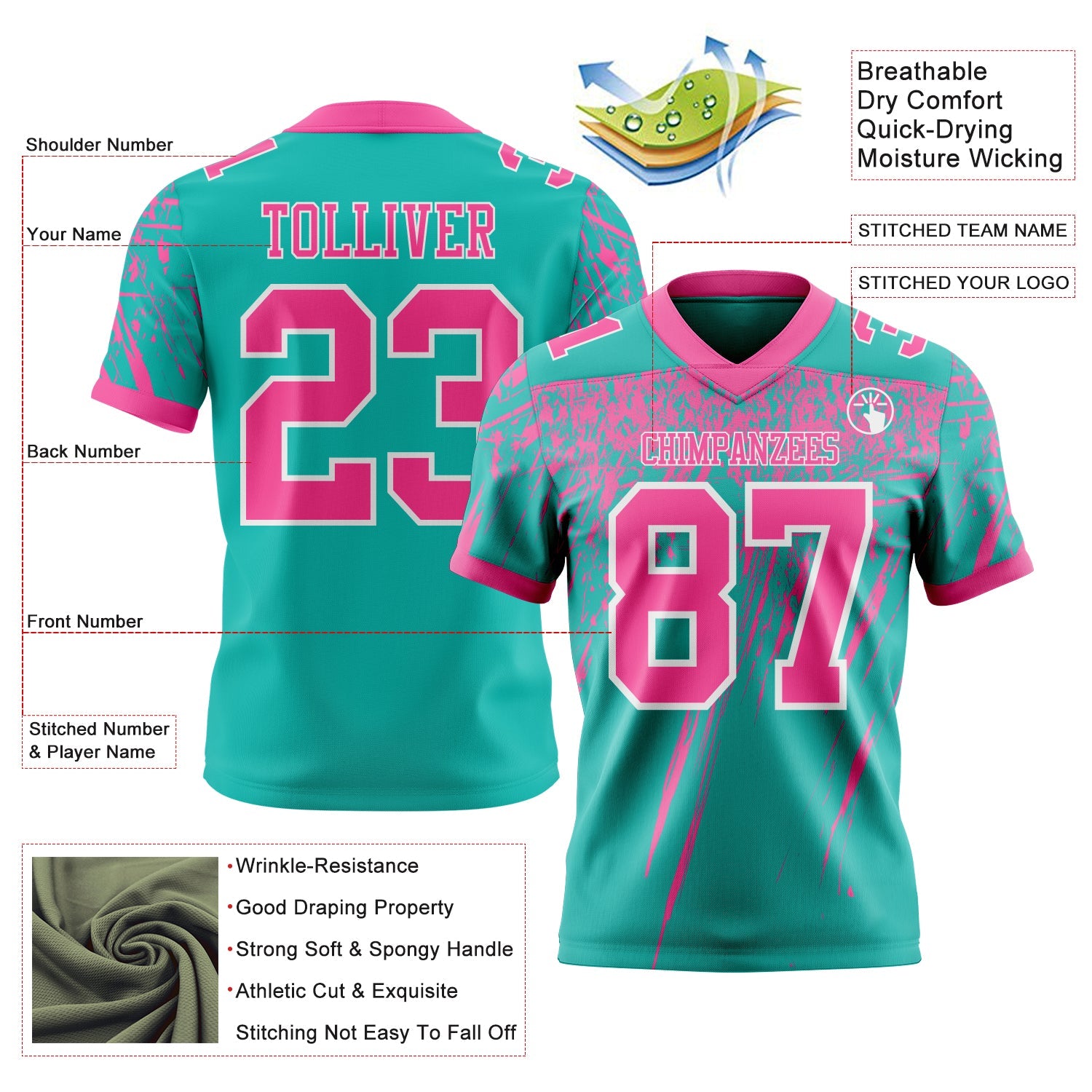 Custom Aqua Pink-White Authentic Distressed Scratch Brush Stroke Football Jersey
