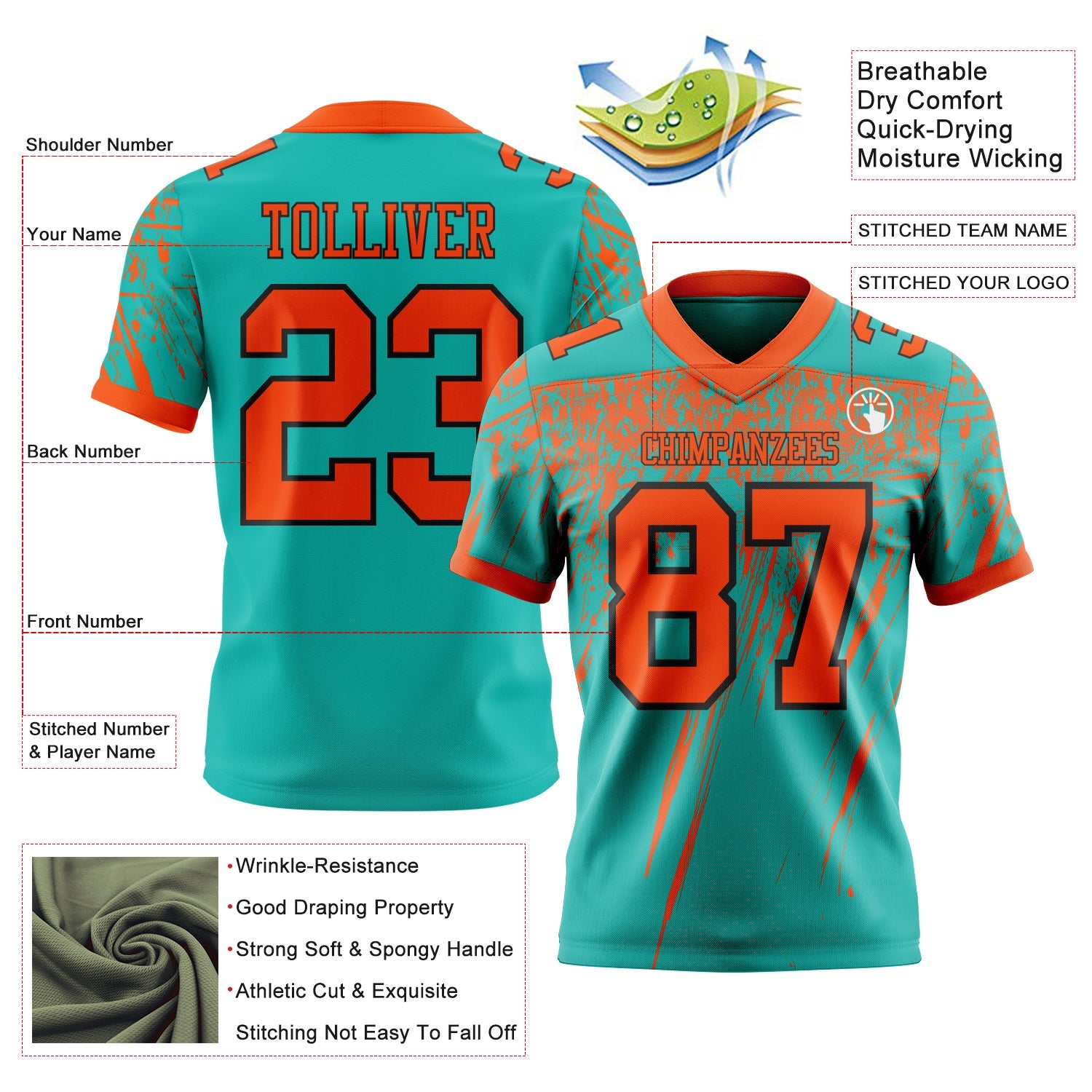 Custom Aqua Orange-Black Authentic Distressed Scratch Brush Stroke Football Jersey