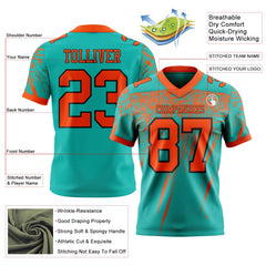Custom Aqua Orange-Black Authentic Distressed Scratch Brush Stroke Football Jersey