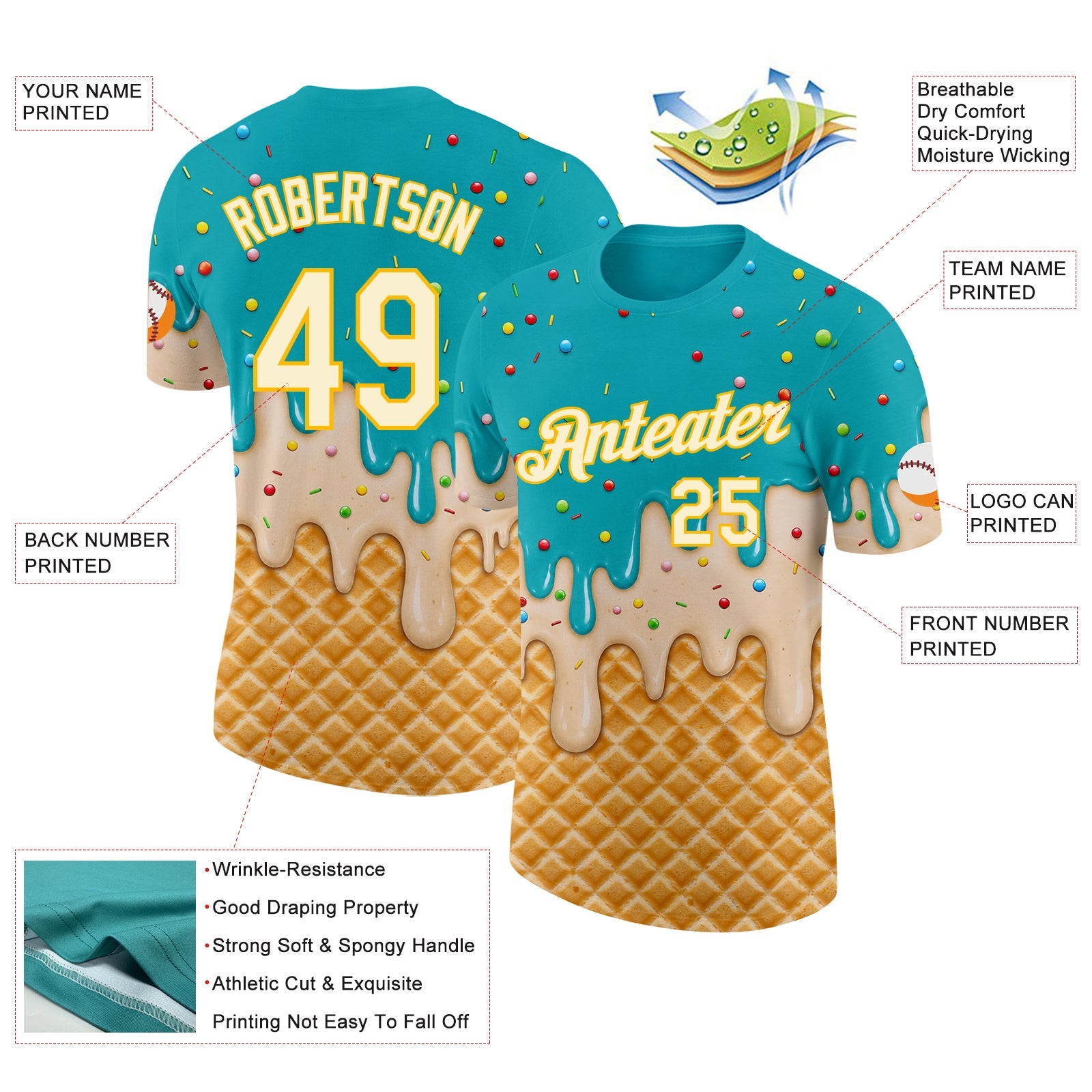 Custom Aqua Cream-Gold Ice Cream Waffle Foodie Dessert Performance T-Shirt