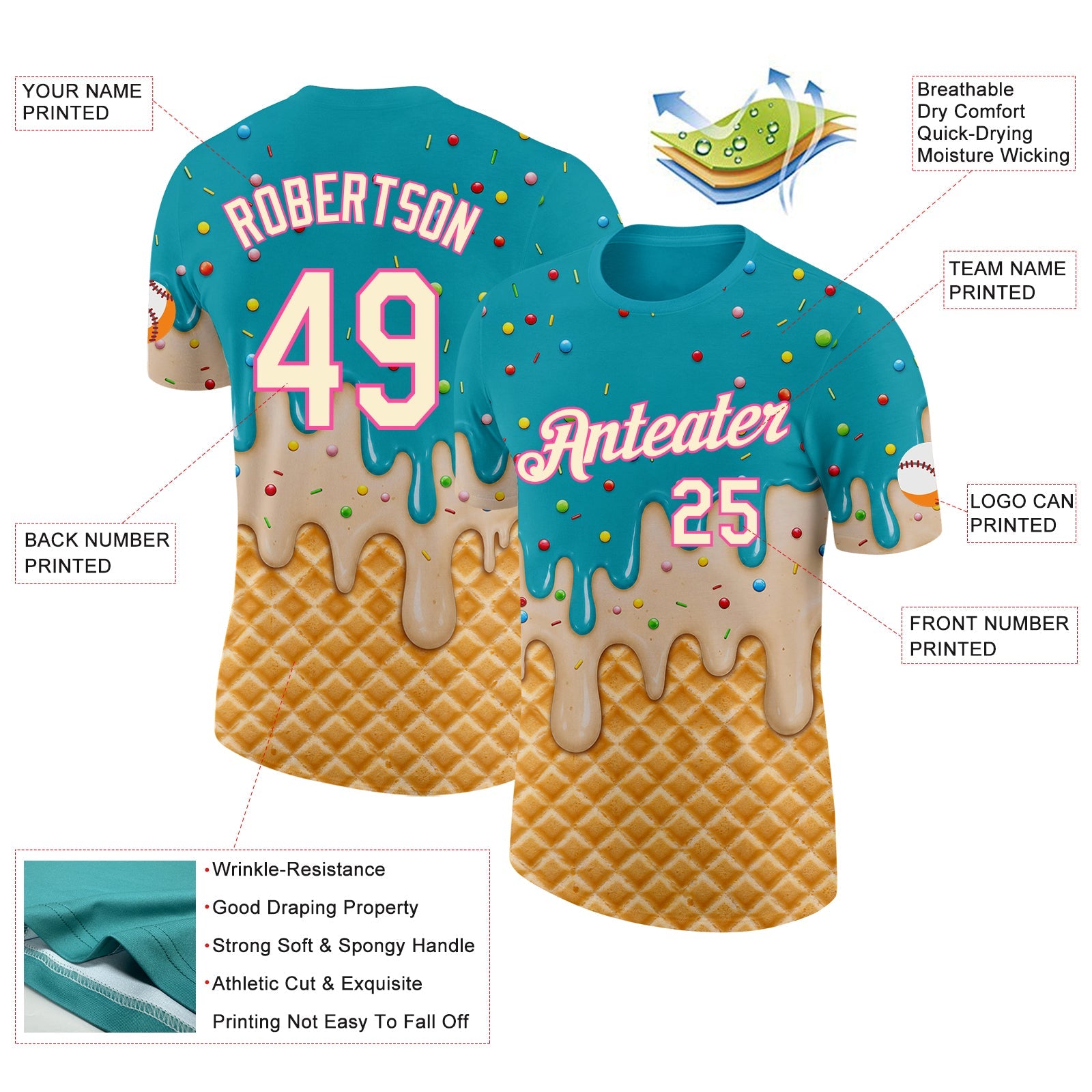 Custom Aqua Cream-Pink Ice Cream Waffle Foodie Dessert Performance T-Shirt