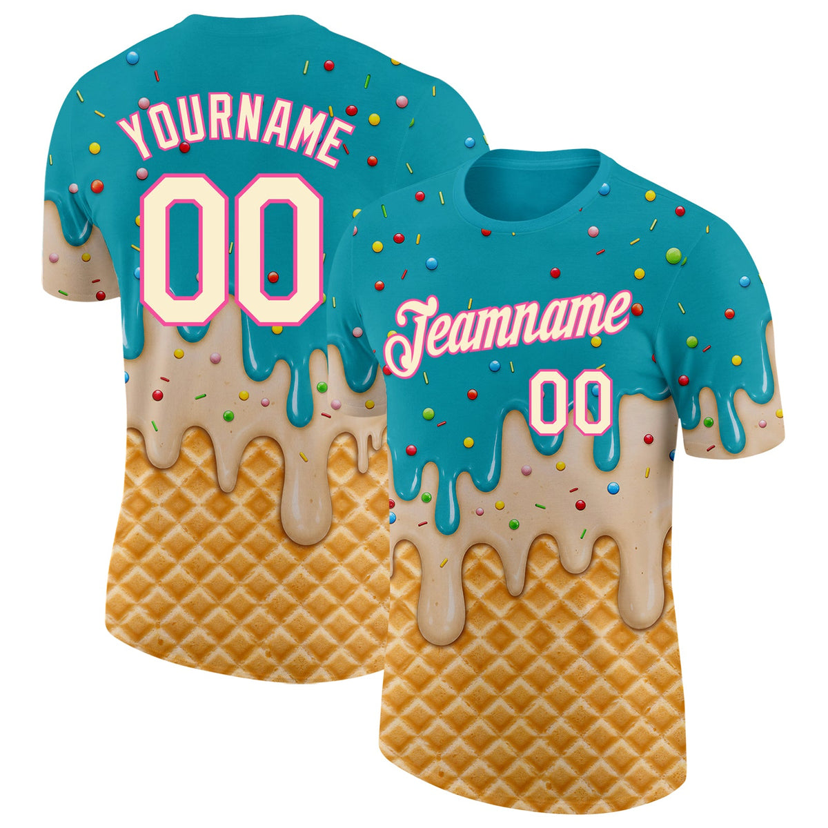 Custom Aqua Cream-Pink Ice Cream Waffle Foodie Dessert Performance T-Shirt