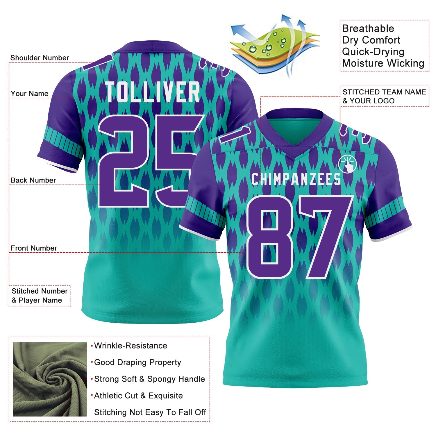 Custom Aqua Purple-White Authentic Geometric Pixel Grid Fade Football Jersey