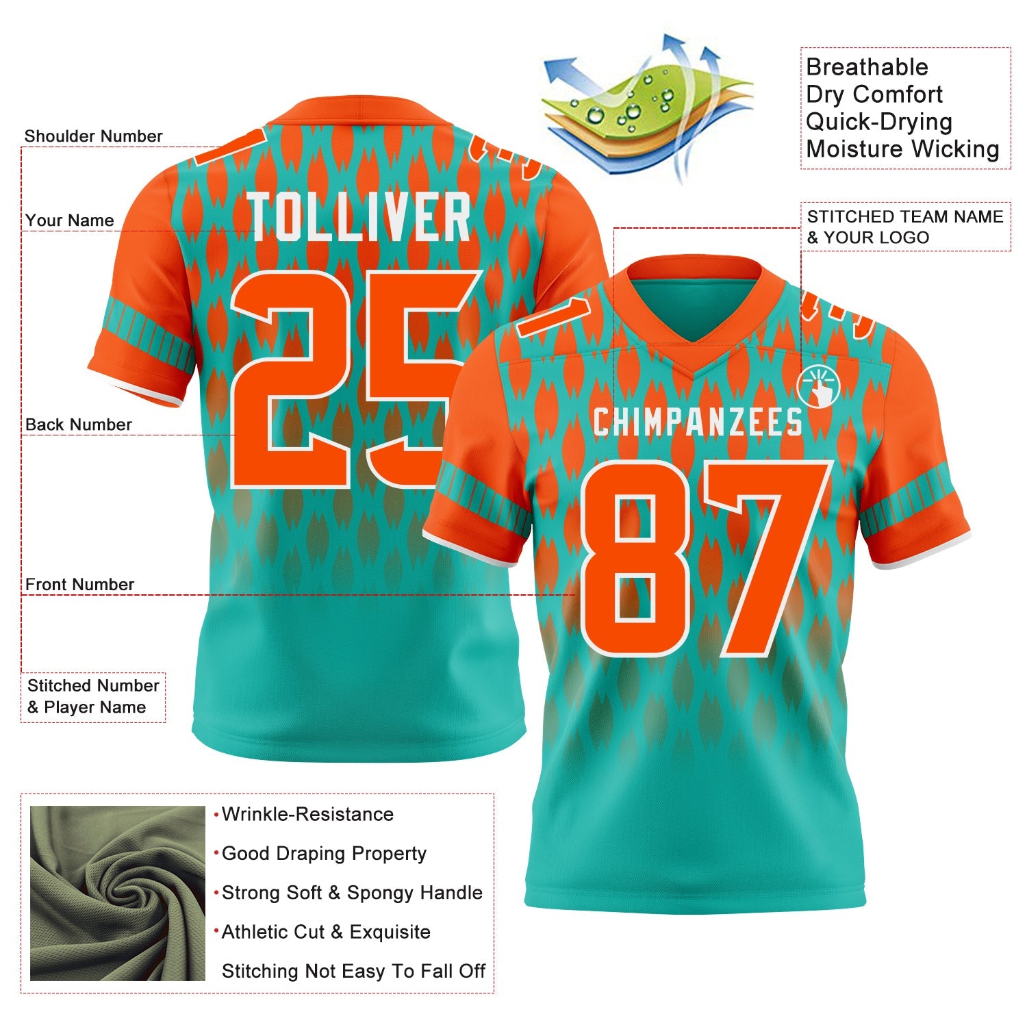 Custom Aqua Orange-White Authentic Geometric Pixel Grid Fade Football Jersey