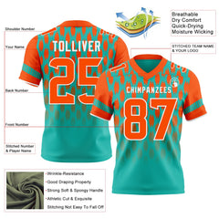 Custom Aqua Orange-White Authentic Geometric Pixel Grid Fade Football Jersey