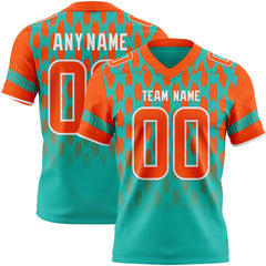 Custom Aqua Orange-White Authentic Geometric Pixel Grid Fade Football Jersey